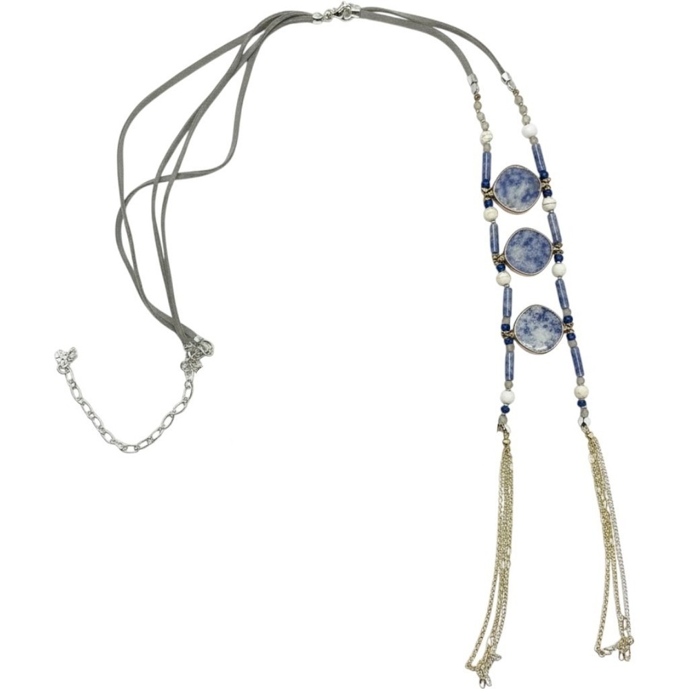 Lucky Brand Necklace Womens OS Blue Excellent Boho Layered Tassel Stone Jewelry